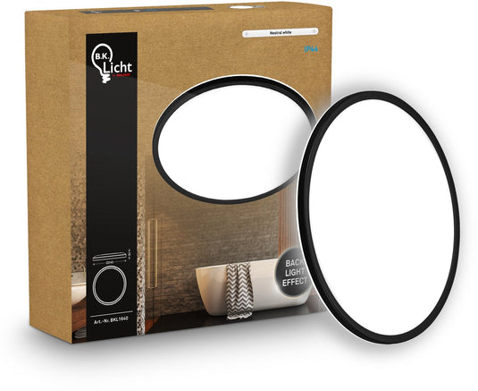 B.k.licht shallow - led badkamerlamp plafonniere - paneel plafondlamp - badkamerverlichting met neutraal wit licht - ip44 - ø24 - zwart