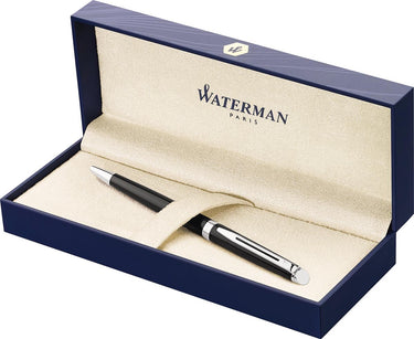 Waterman hémisphère-balpen | glimmend zwart met chromen rand | medium punt | blauwe inkt | cadeauverpakking