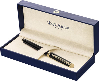 Waterman hémisphère-vulpen | glimmend zwart met 23k gouden rand | medium penpunt | blauwe inkt | cadeauverpakking