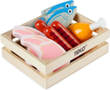 Tidlo houten speeleten vlees en vis in kist, 8dlg.