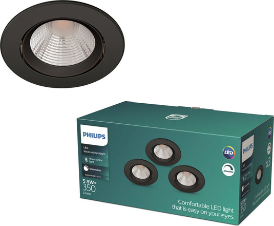 Philips led philips sparkle inbouwspot - dimbaar met dimschakelaar - 5.5w - warmwit licht - zwart - multi-pack 3 stuks