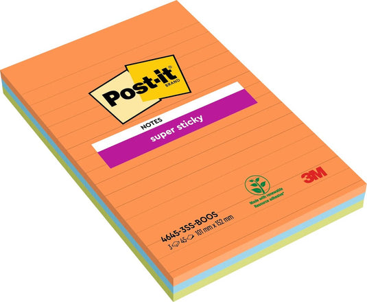 Post-it ® super sticky notes, oranje, geel,blauw, gelijnd, 102mm x 152 mm, 3 blokken, 45 blaadjes blok