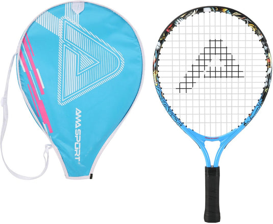 Ama sport kinder tennisracket graffiti blauw 19 inch – lichtgewicht junior racket met tas – ideaal voor beginners –