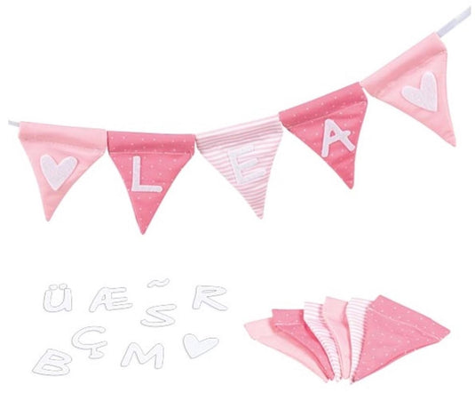 Goki stoffen vlaggenlijn maken roze met 10 vlaggen en alfabet tekens