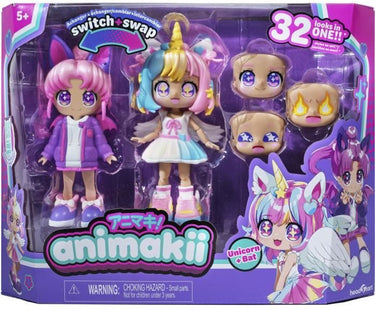 Bandai - eenhoorn en vleermuis animakii - aanpasbare poppenset - 1 pop, 4 gezichten, 2 kapsels, 2 outfits, 2 paar schoenen - creatief speelgoed 5 jaar + - hea26348