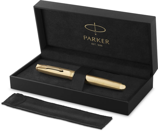 Parker sonnet ciselé special edition rollerballpen, dop, huls en detail met gouden afwerking, fijn, zwarte inkt