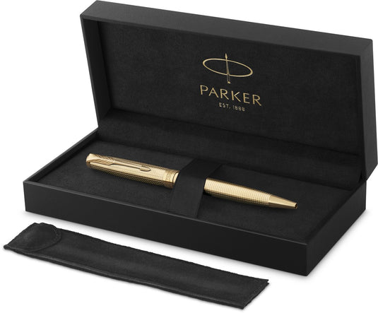 Parker sonnet ciselé special edition balpen, dop, huls en detail met gouden afwerking, medium, zwarte inkt