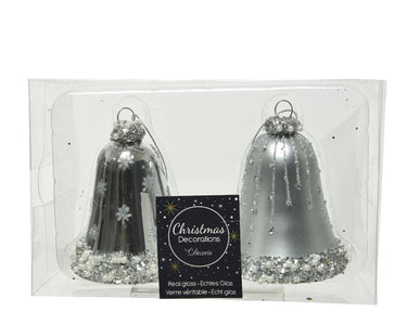 Decoris glazen kerstornamenten in vorm van gedecoreerde klokjes dia 6.5cm x 8 cm zilver