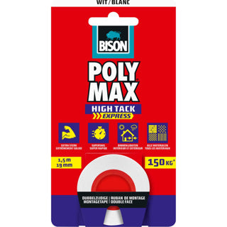 Bison poly max® high tack express montage tape wit, universele dubbelzijdige montagetape 1,5 meter x 19mm, eenvoudig in gebruik, extra sterk, supersnel, ophangen zonder boren