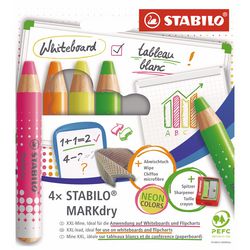 Afbeelding laden in galerijviewer, Stabilo markdry neon set van 4 whiteboard potloden, puntenslijper en reinigingsdoekje
