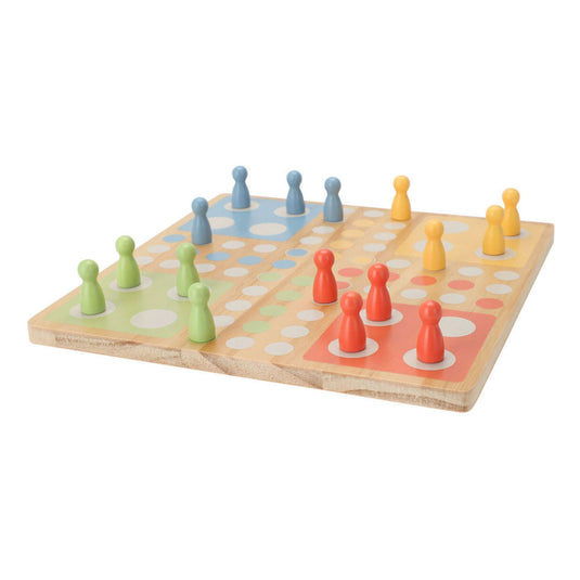 Houten bordspel ludo in katoenen zak