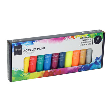Acrylverfset 12 neon, glitter, metallic en standaardkleuren - 36ml