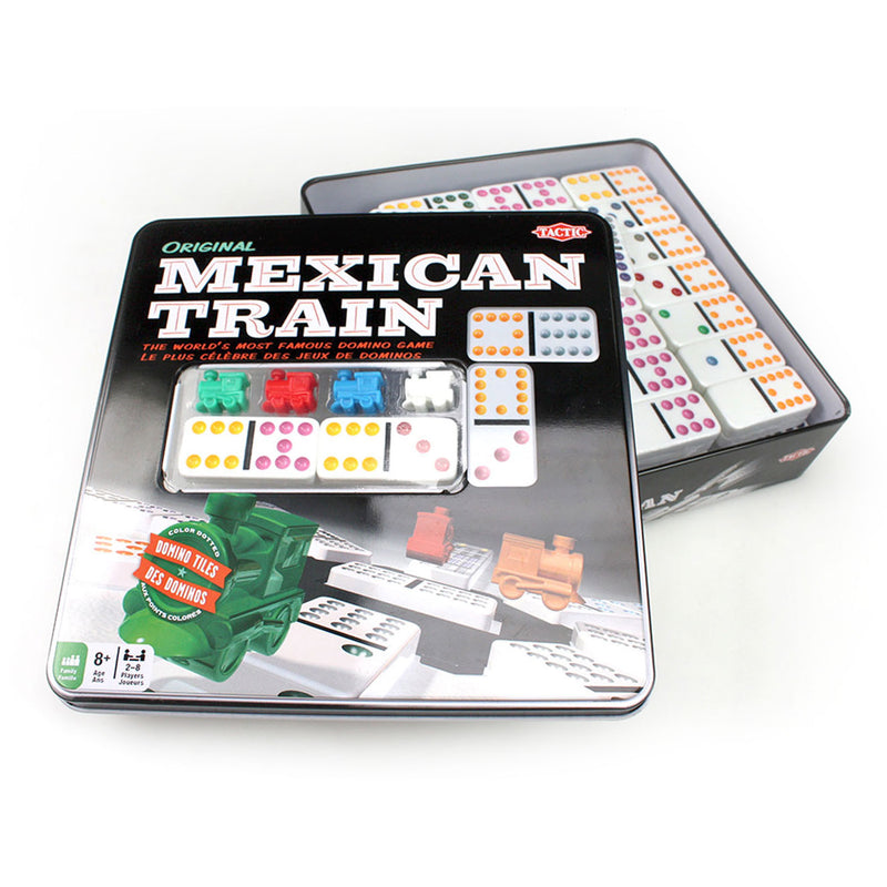 Afbeelding laden in galerijviewer, Tactic domino mexican train – bordspel – luxe tin – wereldberoemd dominospel met gekleurde stenen – 2 tot 8 spelers – vanaf 7 jaar
