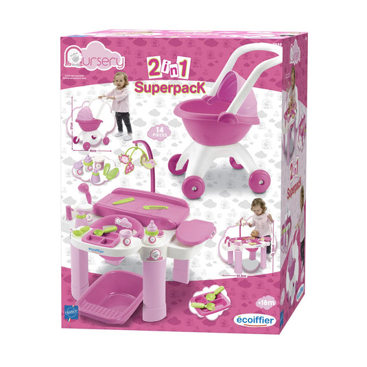 Ecoiffier ecoffier verzorgingsset met poppenwagen