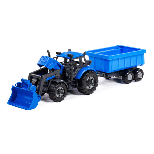 Cavallino tractor met lader en aanhang kiepwagen blauw, schaal 1:32