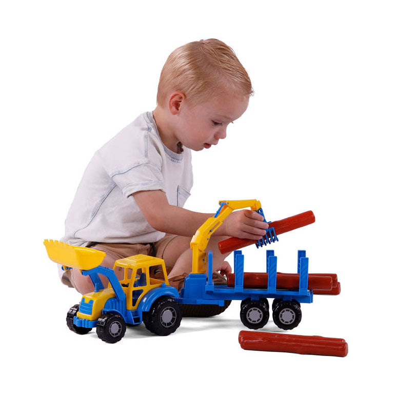 Chargez l'image dans la visionneuse de la galerie, Cavallino junior tractor met kraan aanhangwagen en hout, 46cm
