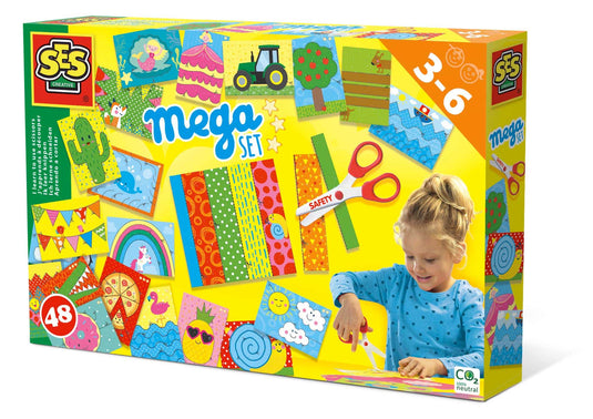 Ses creative - ik leer knippen mega set - montessori speelgoed - 48 knipvellen en veilige schaar - knutselpakket voor kinderen vanaf 3 jaar