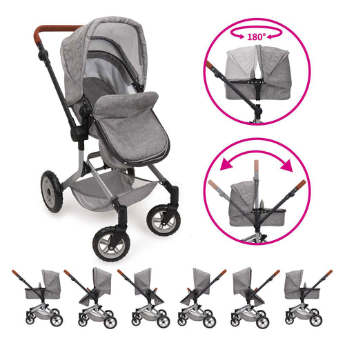 2-in-1 poppenwagen met tas - grijs