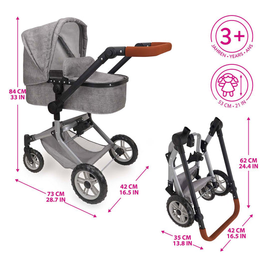 2-in-1 poppenwagen met tas - grijs