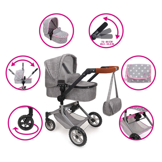 2-in-1 poppenwagen met tas - grijs