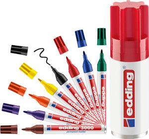 Edding 3000 permanent marker - 8 kleuren - 8 stiften in blik - ronde punt 1,5-3 mm - water en wrijfvast - voor karton, kunststof, hout, metaal, etc. - alcohol markers voor volwassenen