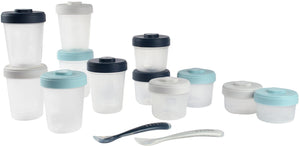 Béaba bewaarpotjes set van 12 - 2 x 90 ml, 4 x 150 ml en 6 x 250 ml met 2 siliconen lepels - hermetisch en lekvrij voor in de luiertas - stapelbaar met labelzone - geschikt voor vriezer, magnetron en babycook - blauw grijs