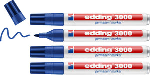 Edding 3000 permanent marker - blauw - 4 stiften - ronde punt 1,5-3 mm - water en wrijfvast - voor karton, kunststof, hout, metaal, etc. - alcohol markers voor volwassenen