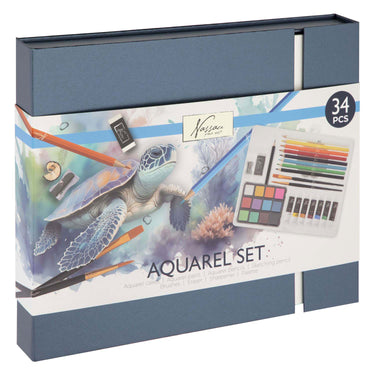 Nassau fine art aquarelverf startersset 34pcs - giftset met aquarelverf napjes, aquarelverf tubes, potloden penselen - hobbyverf voor volwassenen - schilderen voor volwassenen
