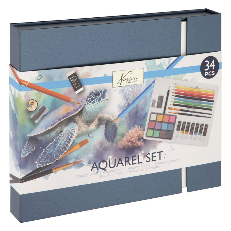 Afbeelding laden in galerijviewer, Nassau fine art aquarelverf startersset 34pcs - giftset met aquarelverf napjes, aquarelverf tubes, potloden penselen - hobbyverf voor volwassenen - schilderen voor volwassenen
