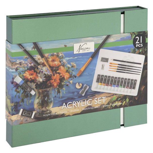 Nassau fine art schilderen starterset acrylverf 21pcs - hobbyverf met penselen - acrylverf tubes - giftset