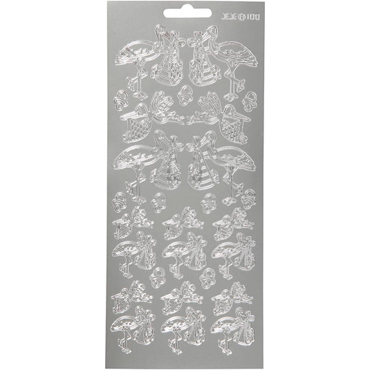 Stickers, ooievaar met baby, vel 10x23 cm, zilver, 1 vel