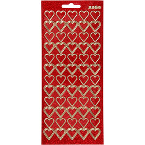 Stickers, harten, vel 10x23 cm, goud, rood glitter, 1 vel
