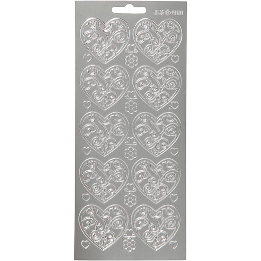 Stickers, harten, vel 10x23 cm, zilver, 1 vel