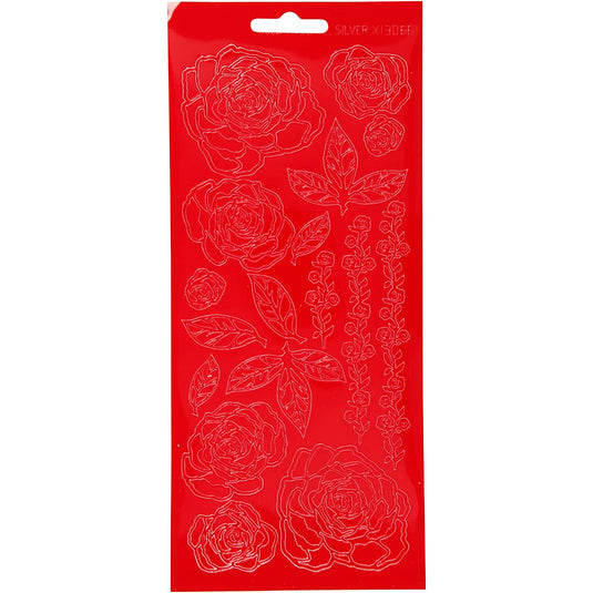 Stickers, rozen, vel 10x23 cm, rood, 1 vel