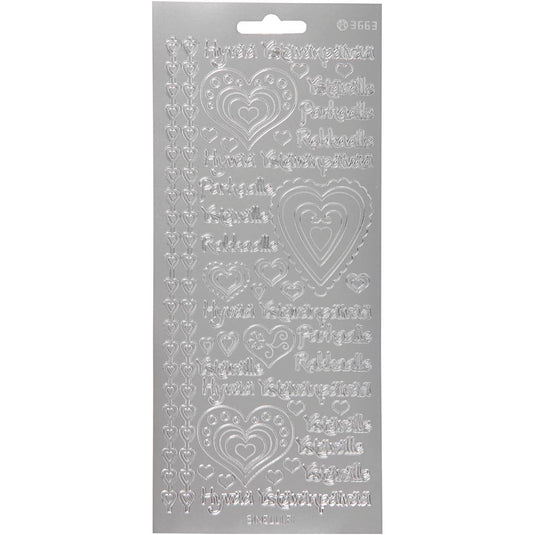 Stickers, hyvaa ystävänpäivää, vel 10x23 cm, zilver, 1 vel
