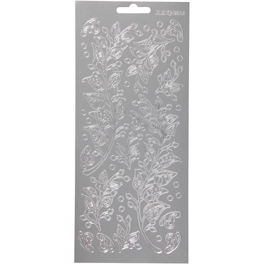 Stickers, bladeren, vel 10x23 cm, zilver, 1 vel
