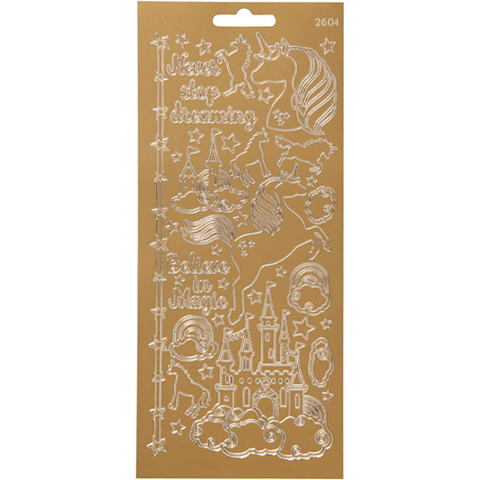 Stickers, unicorn, vel 10x23 cm, goud, 1 vel