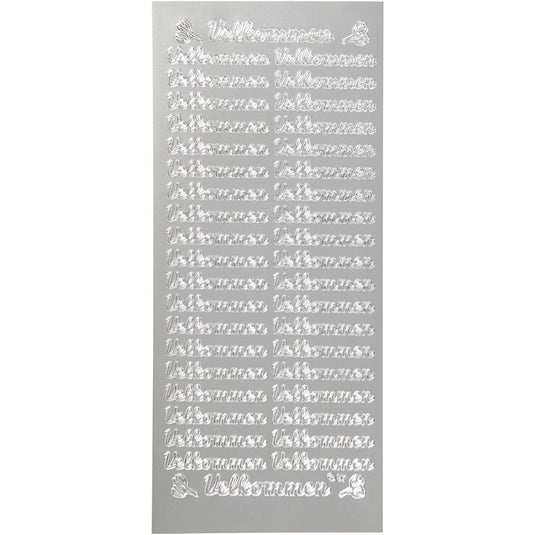 Stickers, velkommen, vel 10x23 cm, zilver, 1 vel