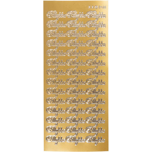 Stickers, tillykke, vel 10x23 cm, goud, 1 vel