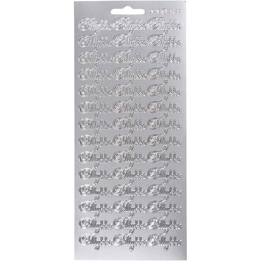 Stickers, tillykke, vel 10x23 cm, zilver, 1 vel