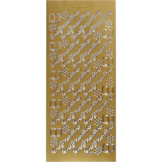 Stickers, konfirmation, vel 10x23 cm, goud, 1 vel