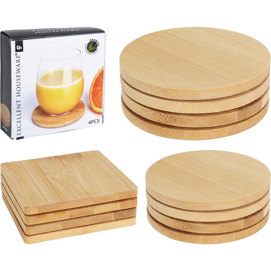 Excellent houseware housware ronde bamboe onderzetters 6.5 cm 4 stuks