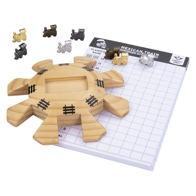 Afbeelding laden in galerijviewer, Engelhart domino mexican train accessoires set - 8 metalen treintjes - houten station - scoreblok -
