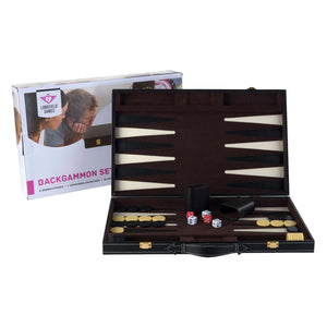 Engelhart backgammon 18 inch - bruin ivoor gestikt bord - zwarte koffer met handvat - luxe reiseditie -