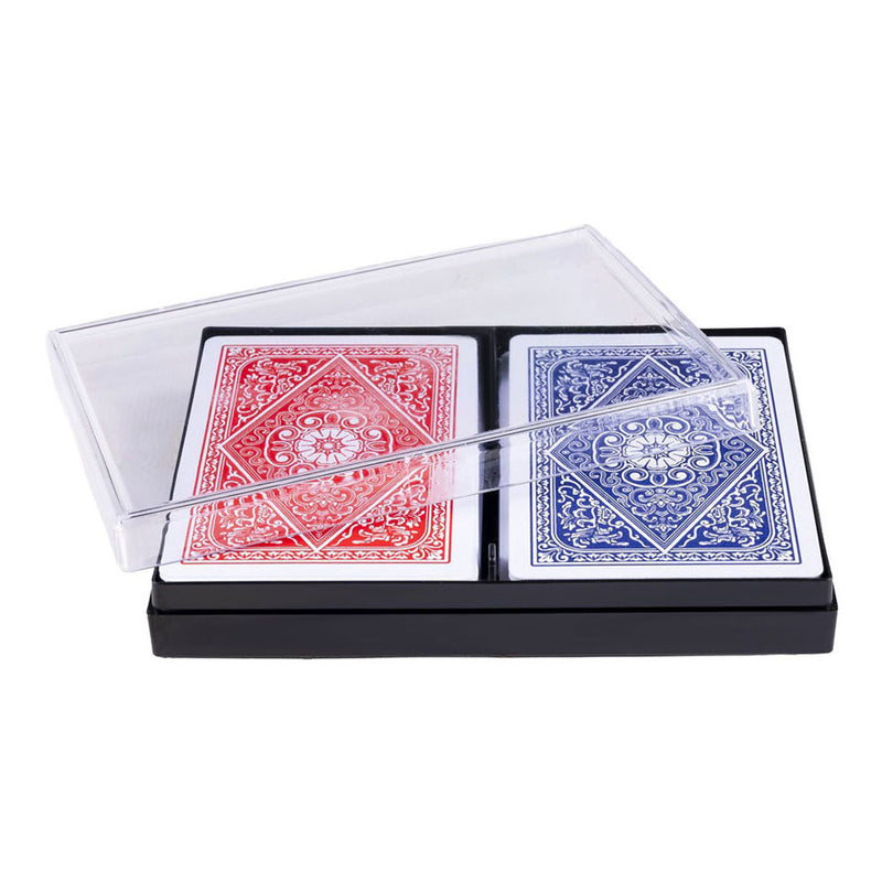 Afbeelding laden in galerijviewer, Longfield speelkaarten 100% plastic, 2 sets in kunststof doos poker bridge
