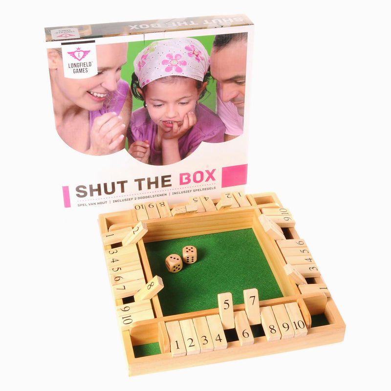 Afbeelding laden in galerijviewer, Longfield shut the box – 4 spelers – rubberhouten bak met ingelegd vilt – inclusief 8 houten dobbelstenen – bordspel 29 x 29 x 3,5 cm – strategisch familiespel – engelhart
