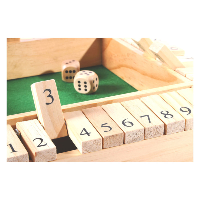 Afbeelding laden in galerijviewer, Longfield shut the box – 4 spelers – rubberhouten bak met ingelegd vilt – inclusief 8 houten dobbelstenen – bordspel 29 x 29 x 3,5 cm – strategisch familiespel – engelhart
