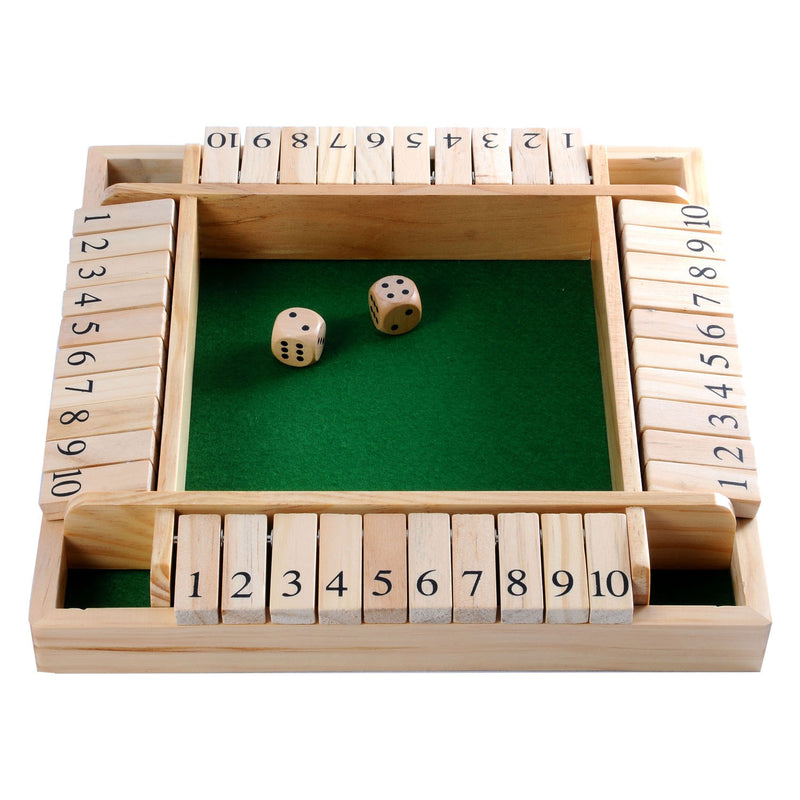Afbeelding laden in galerijviewer, Longfield shut the box – 4 spelers – rubberhouten bak met ingelegd vilt – inclusief 8 houten dobbelstenen – bordspel 29 x 29 x 3,5 cm – strategisch familiespel – engelhart
