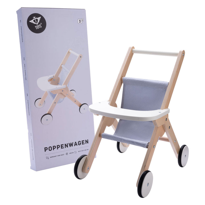 Load image into Gallery viewer, Houten poppenwandelwagen grijs blauw
