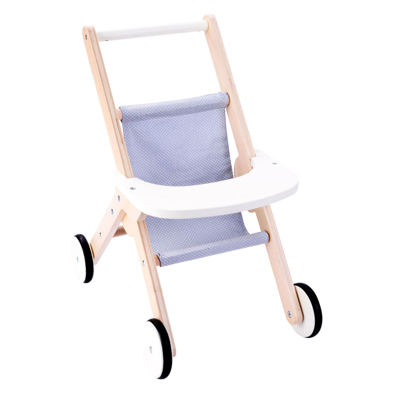 Load image into Gallery viewer, Houten poppenwandelwagen grijs blauw
